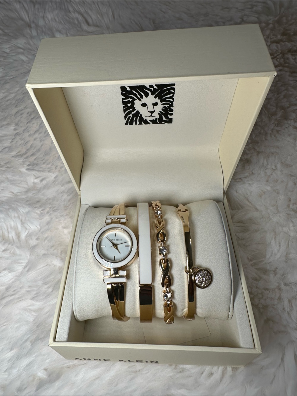 Anne Klein AK/3284WTST Gold White Bangle Watch & 3 Bracelet Gift Set  NWT Boxed - Picture 5 of 7